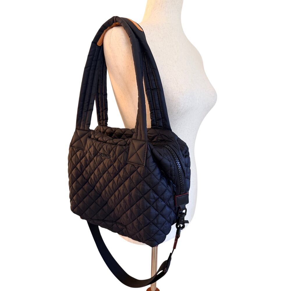 MZ Wallace Small Sutton Deluxe Quilted Tote Black Burgundy Trim